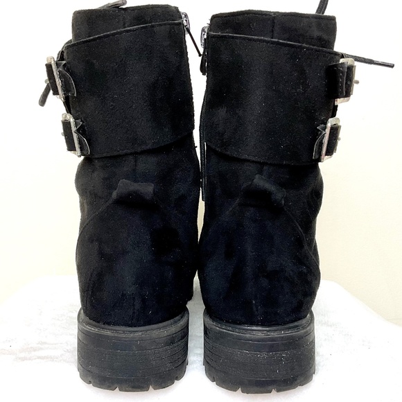 BLACK SUEDE ROUNDED TOE SIDE ZIP BUCKLE LACE UP ANKLE BOOTS WITH CRYSTAL DETAIL - Picture 12 of 16